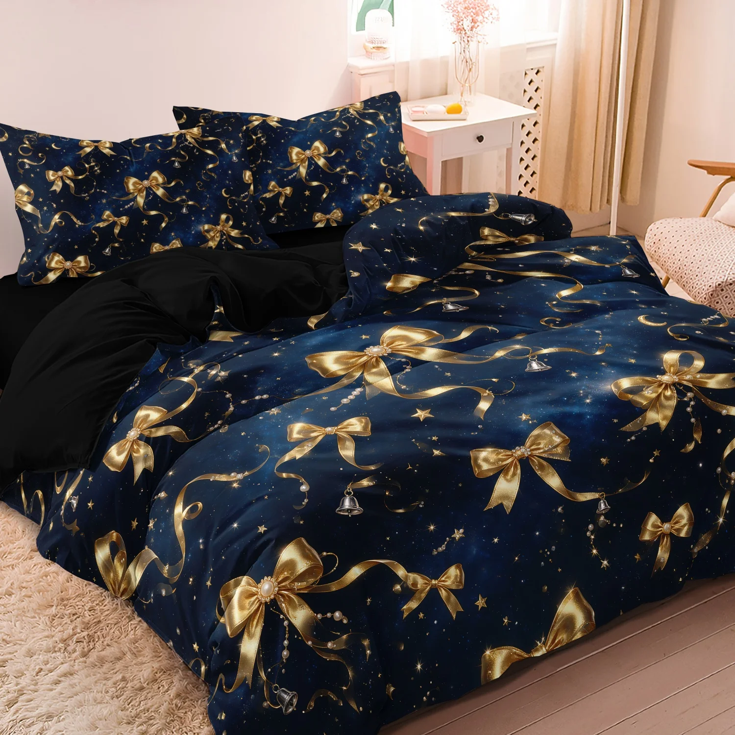 3pcs Starry Night Golden Bow Duvet Cover, Blue Galaxy Ribbon Bow Star Moon Pattern Bedding, Family Bedrooms Dormitories Hotels