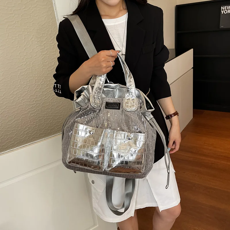 Large Capacity Women Genuine Leather Backpacks High Quality New Glitter Shoulder Bag Fashion Travel Tote Bags Laptop Backpacks