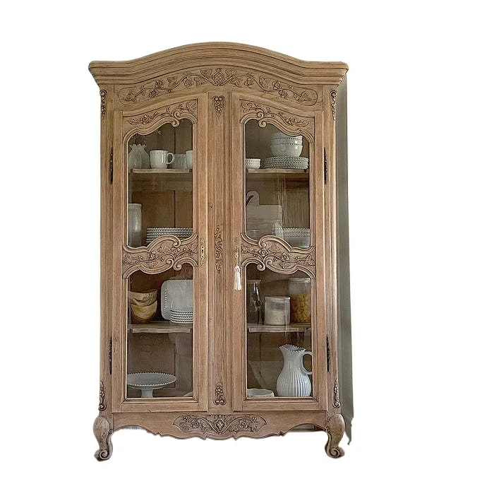 

American French solid wood curved glass living room decorative cabinet retro display wine cabinet carved carved bookcase dinin