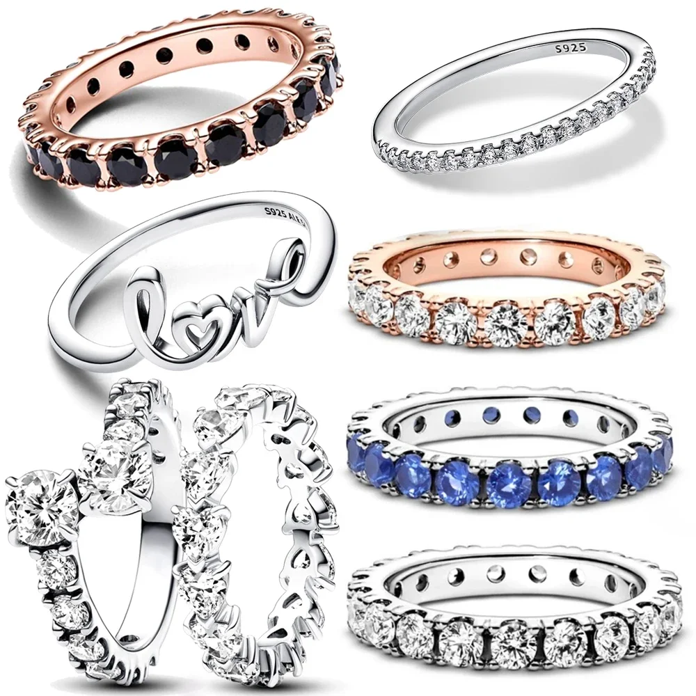 

Кольцо вечности из стерлингового серебра 925 пробы с черным сверкающим рядом для женщин, кубический циркон с фианитом, звездой, луной, цветком, свадебные украшения, кольца, подарки