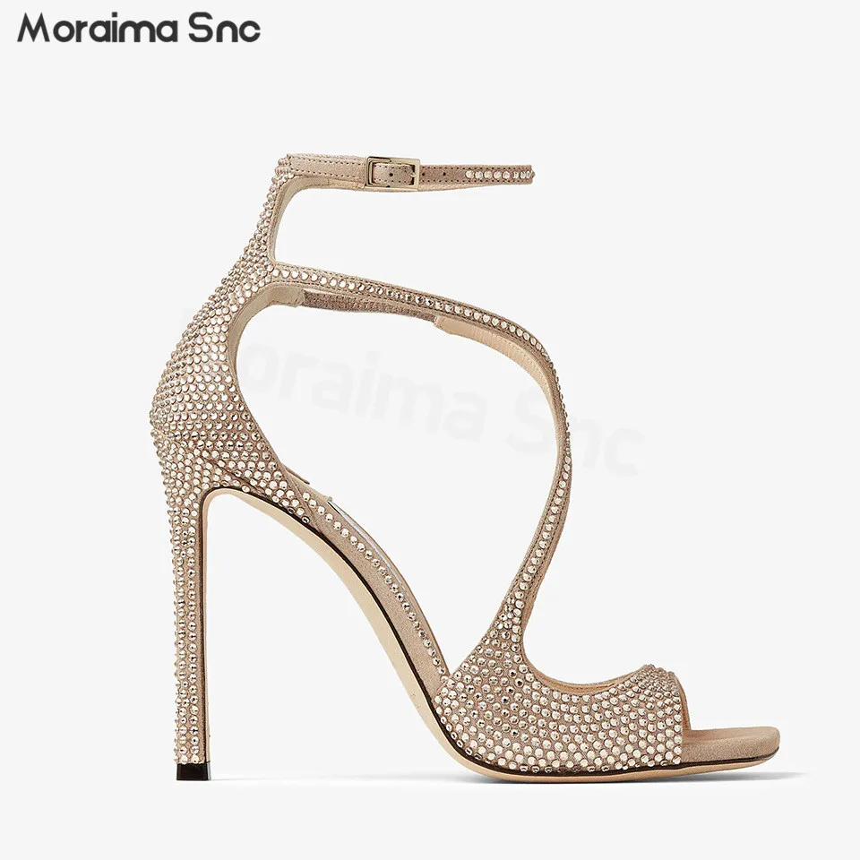 Rhinestone Cross Word Buckle Sandals Summer New Style Open Toe Stiletto Fish Mouth Square Head Temperament Women's Shoes