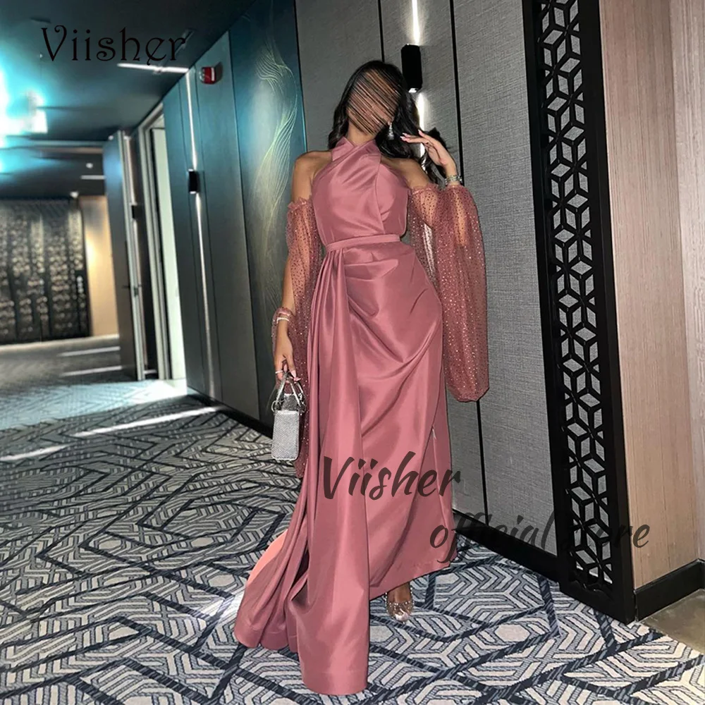 

Viisher Arabic Evening Dresses for Women Halter Satin Dubai Formal Prom Dress with Train Long Celebrate Event Gowns