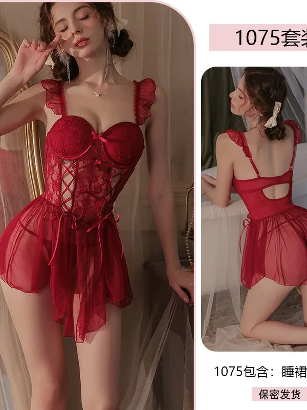 섹시한 스틸 림 모인 레이스 유혹 잠옷, 타이업 원피스, 우아한 탱크 미니 원피스, 섹시한 한국 쉬어 여성 상의, TD8X