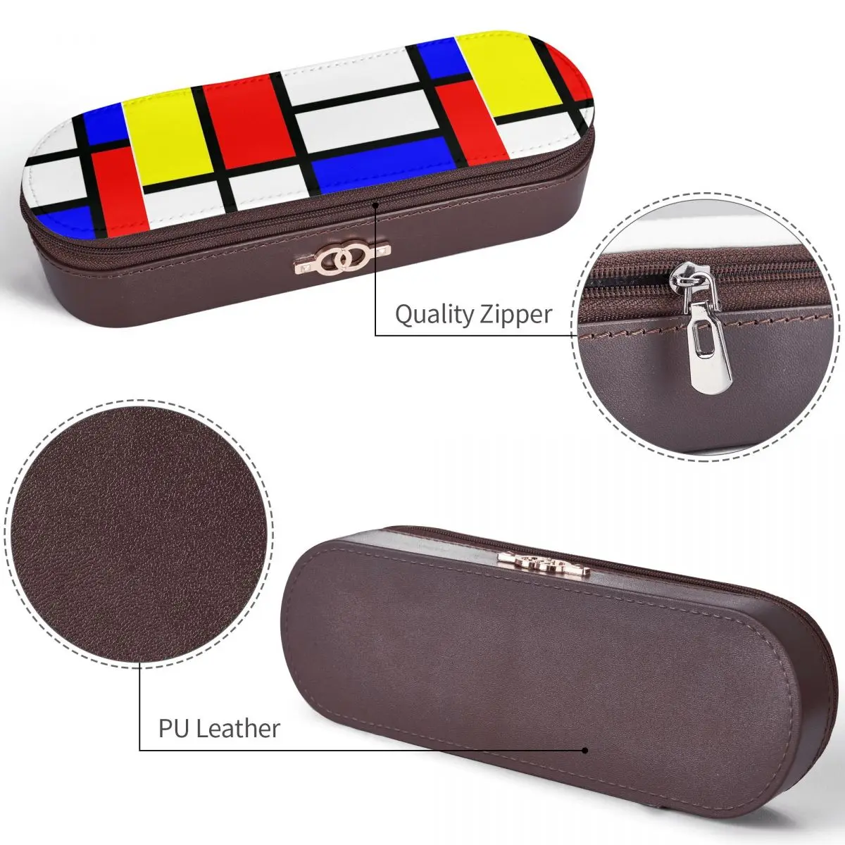 Color Block With Red Yellow And BlueLeather Pencil Case Pencil Pouch Storage Stationery Supplies Pen Box Pencil Bag for Students