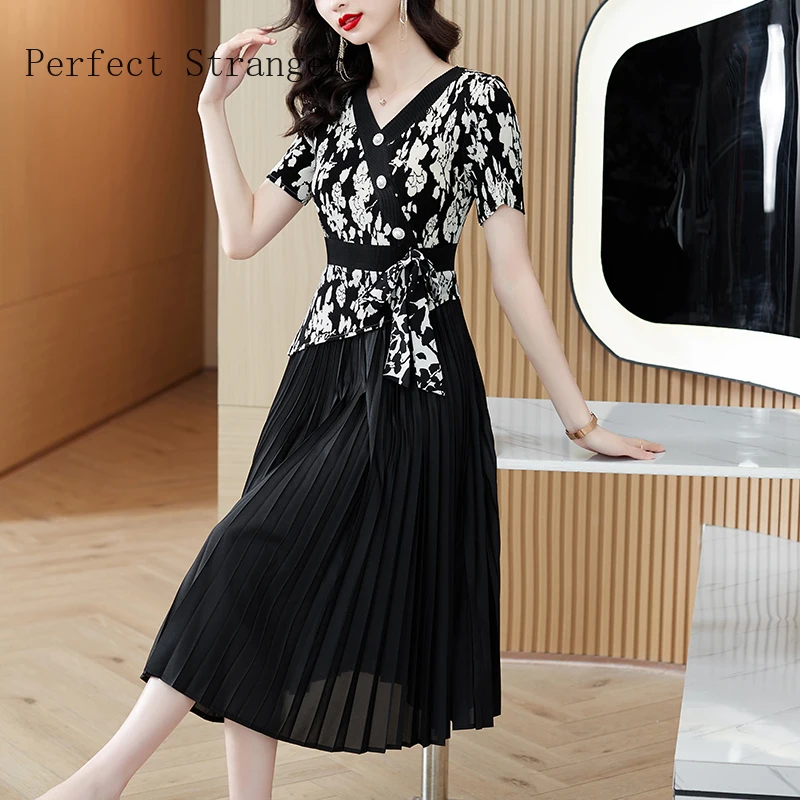 Sanzhai Pleated 2024 Summer Short Sleeve Vestidos Slim Appearance Age Reducing V-neck Heavy Work Women Long Dress