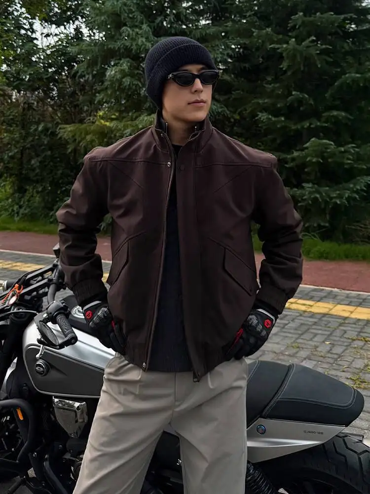 

Man Motorcycle Jacket Coat 2025 Autumn Men American Bomber Jacket Cool High End Regular Shoulder Lapel Biker Style