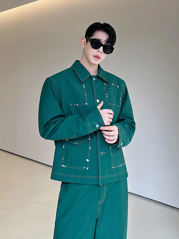  Handmade Gemstone Jaet Set for Men with Collar Design Loose Fit Two-Piece Faionable Autumn Collection