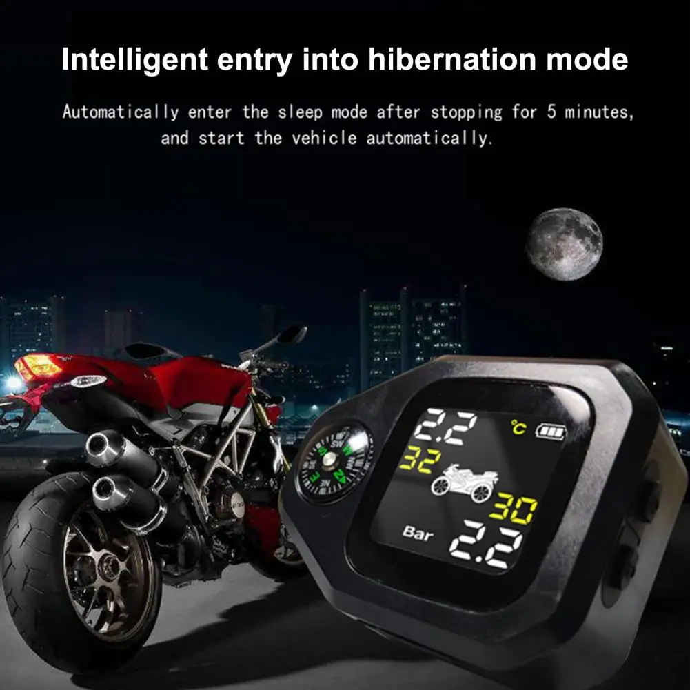 Motorcycle TPMS with Compass Dustproof LCD Screen High-Precision External Sensor Tire Pressure Monitor for Motorcycle