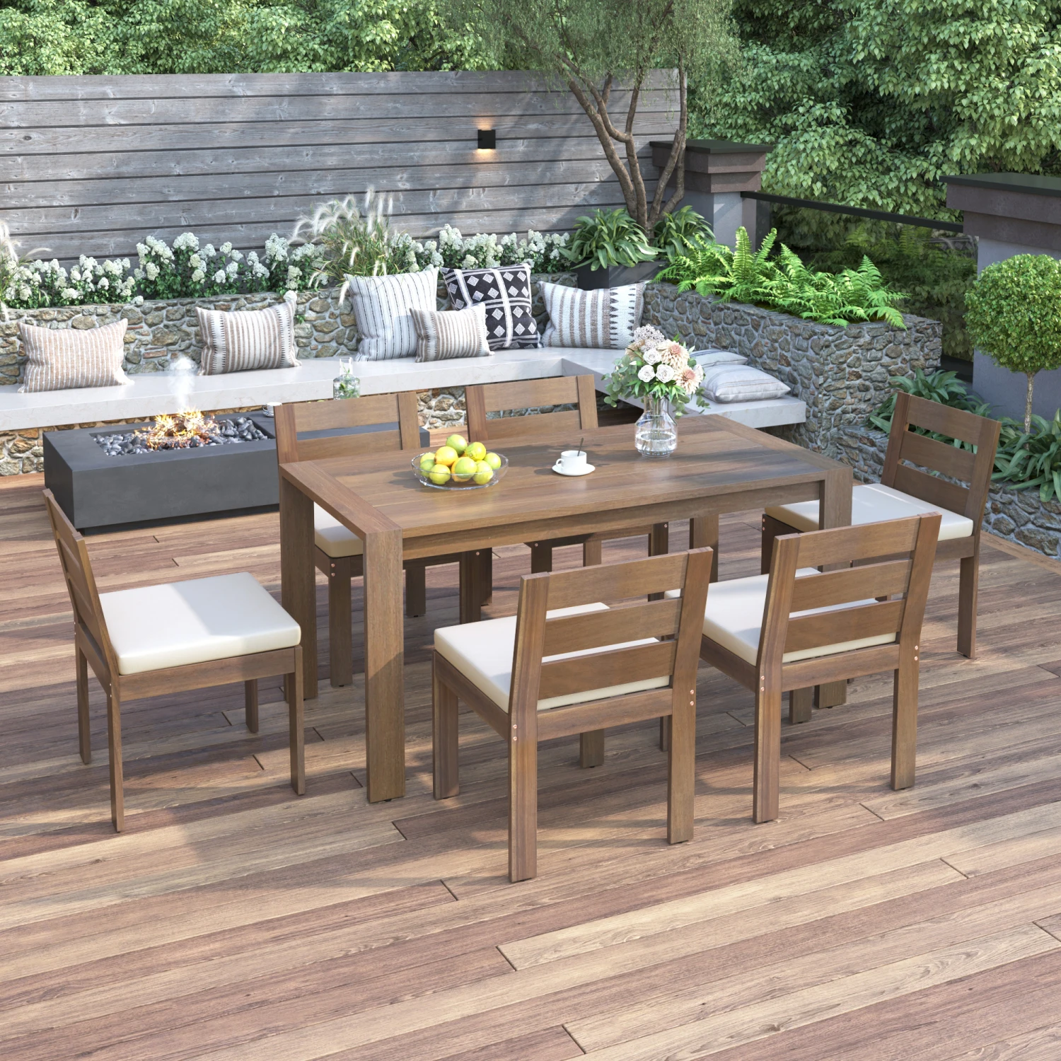 

U_Style 7 Piece Acacia Wood Outdoor Dining Set, Suitable for Patio, Balcony, Backyard