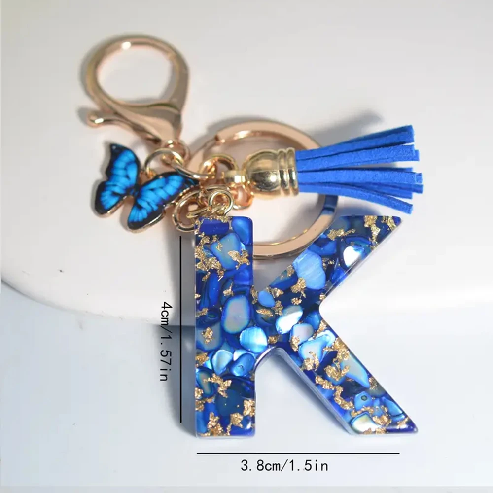 Blue Alphabet Initial Letter Keychain Cute Butterfly Resin Key Chain Ring Bag Backpack Charm Car Key Pendant Women Daily UseGift