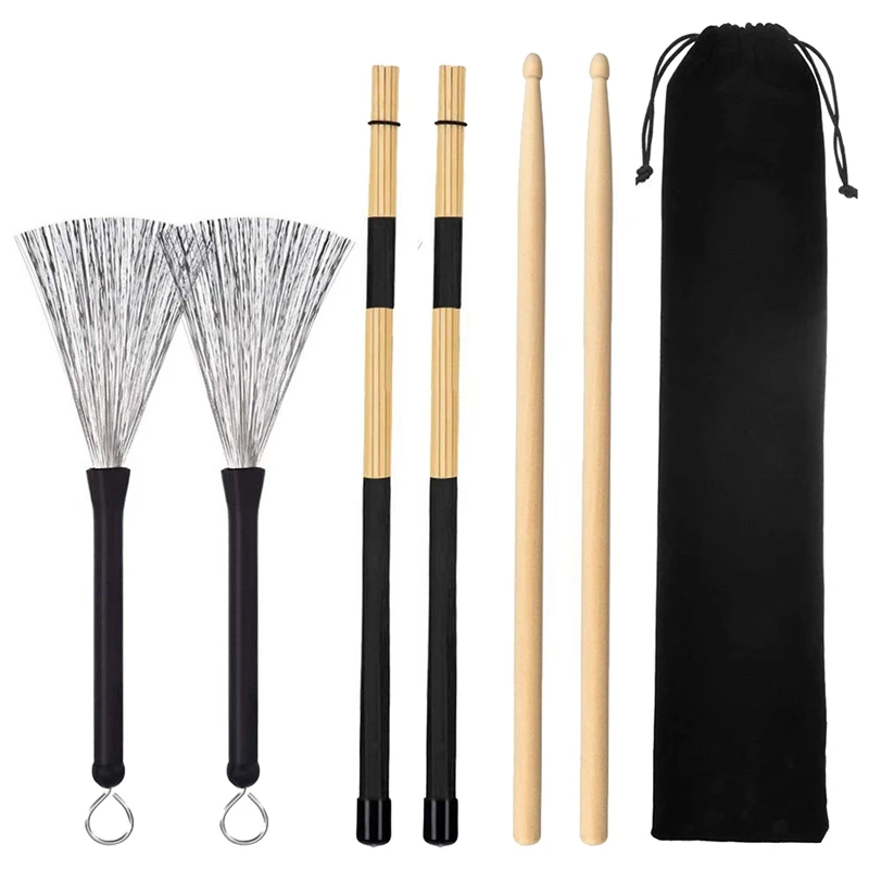 6 Pieces Jazz Drumsticks Set 5A Drumsticks Retractable Drum Wire Brushes Sticks For Kids,Adults,Rock Band