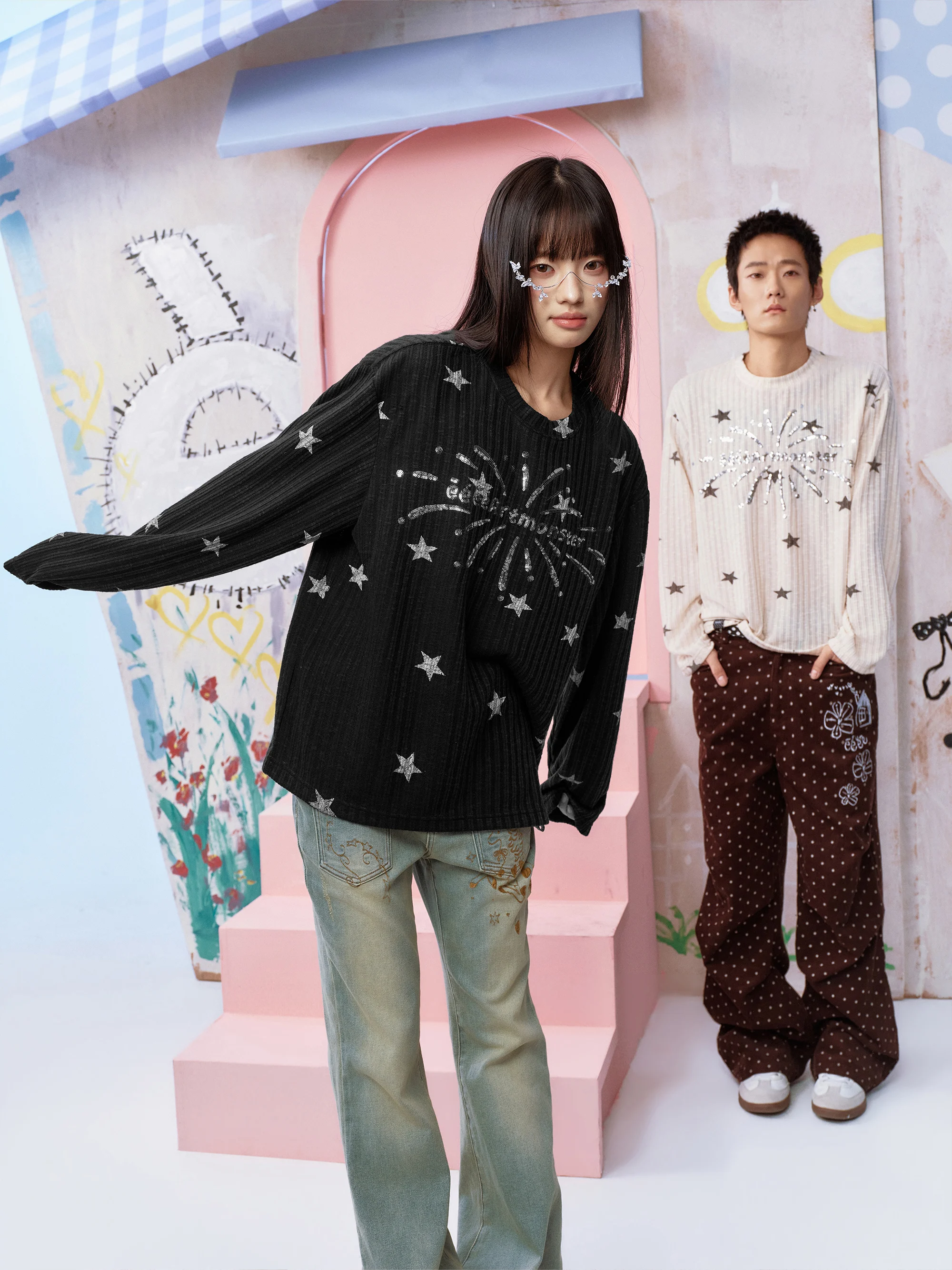 EeeeArtmonster Long Sleeve T-Shirt Sparkling Starburst Bead Texture Vertical Stripes Print Base Shirt Spring Season Unisex