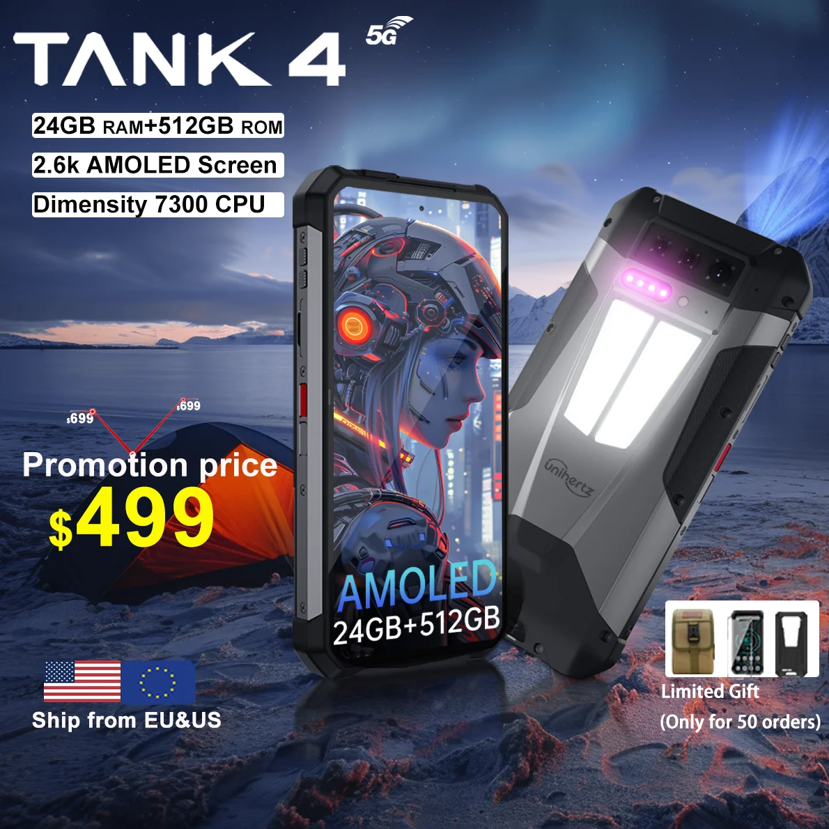 World premiere】Unihertz by 8849 Tank 4 Smartphone Built-in 720P Projector 5G Phone 24+512GB 11600mAh Dimensity 7300 AMOLED 120H