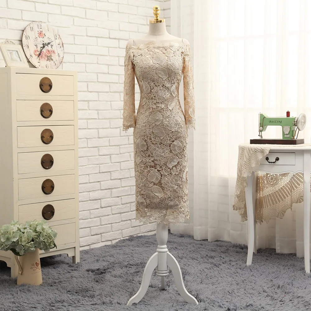 Champagne Mother Of The Bride Dresses Sheath Long Sleeves Tea Length Lace Short Groom Mother Dresses For Wedding