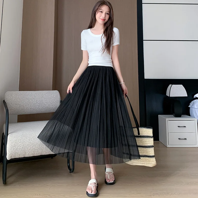 2026 New Women High Waist Mesh Pleated Midi Skirt Double Layer Sheer Tulle Flowy A Line Streetwear Summer Elegant Ladies Skirts
