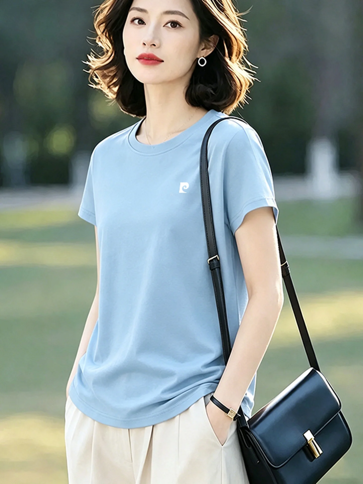Pierre Cardin Pure Cotton Short Sleeve T-Shirt Women's Summer New Fashion Versatile Shoulder Breathable Casual Top