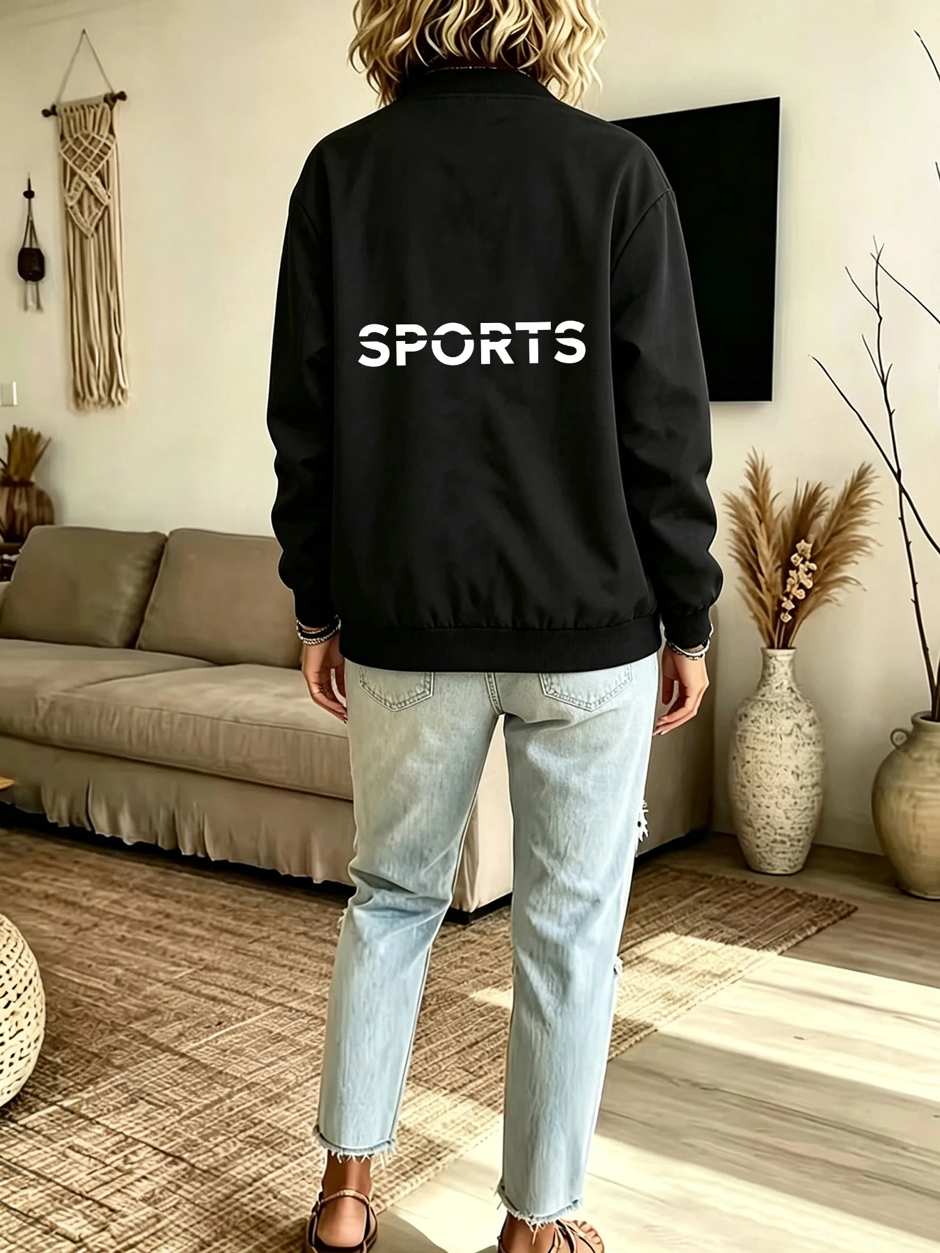 Sports Casual Style with Sports Letter Pattern Print, Loose Oversized Long-Sleeve Jacket for Women, a Must-Have for Autumn and Winter, Trendy European and American Style for Couples, Regular Fit Long-Sleeve Jacket, Machine Washable, Durable and Wear-Resistant, Casual Versatile Item for Women, Slimming and Flattering, Energetic and Vibrant, Gym Wear, Stand-Up Collar with Zipper Design, Practical and Stylish, Jacket for Women