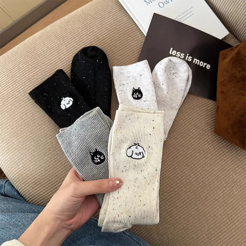 

**Cute Cartoon Animal Embroidered Speckled Crew Socks for Women - Fashionable Comfortable Casual Socks for Daily Wear**