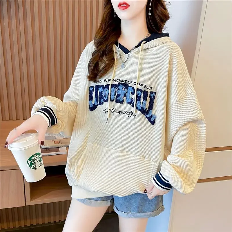 

Вафельные тонкие толстовки для женщин, весна-осень, модное пальто большого размера с капюшоном, повседневные свободные пуловеры, куртки, топы с вышивкой в корейском стиле
