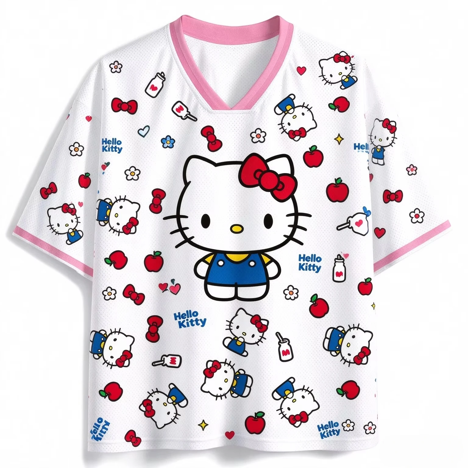 Popular Cartoon Hello Kitty V-Neck Mesh Jersey Cute Styles Women Unisex T-shirt Casual Kawaii Fan Y2K Oversized Streetwear Top