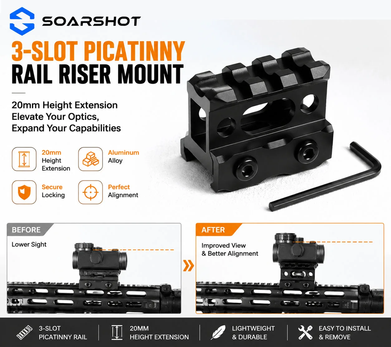 SOARSHOT SRM-301 3 Slot Picatinny Riser Mount 20mm Height Aluminum Alloy Rail Adapter Tactical Scope Mount Weaver Rail Extension