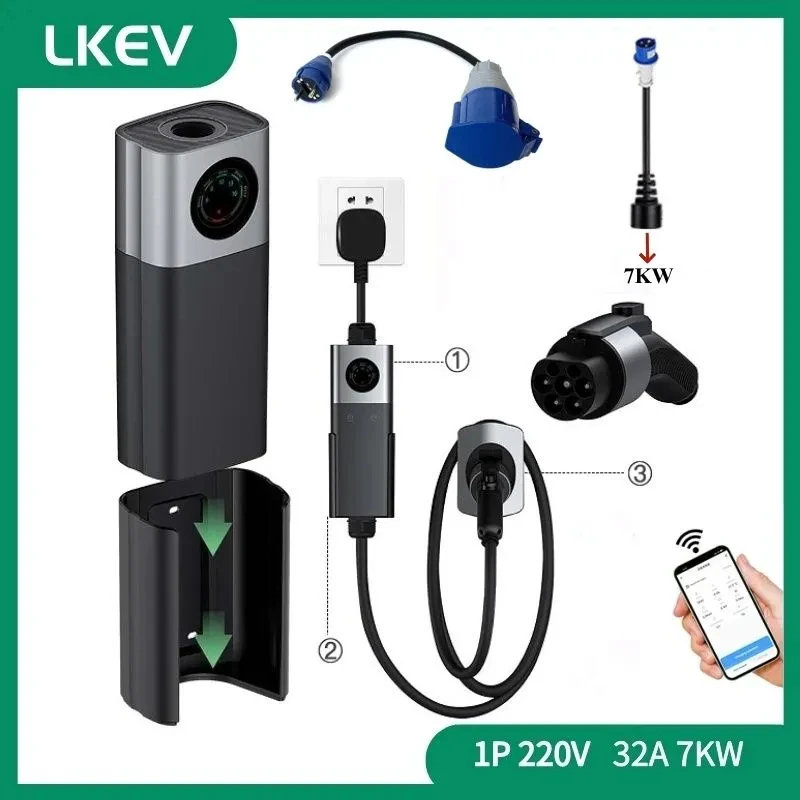 GB/T 20234 Portable/Wall charging station 2 in 1 for electric vehicles 7 KWT 1 phase 220 V, CEE plug