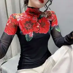 #7923 Black Green Flower Printed Mesh T Shirt Women Tight Elastic Women's T-shirt Long Sleeve Vintage Turtleneck Tshirt Female