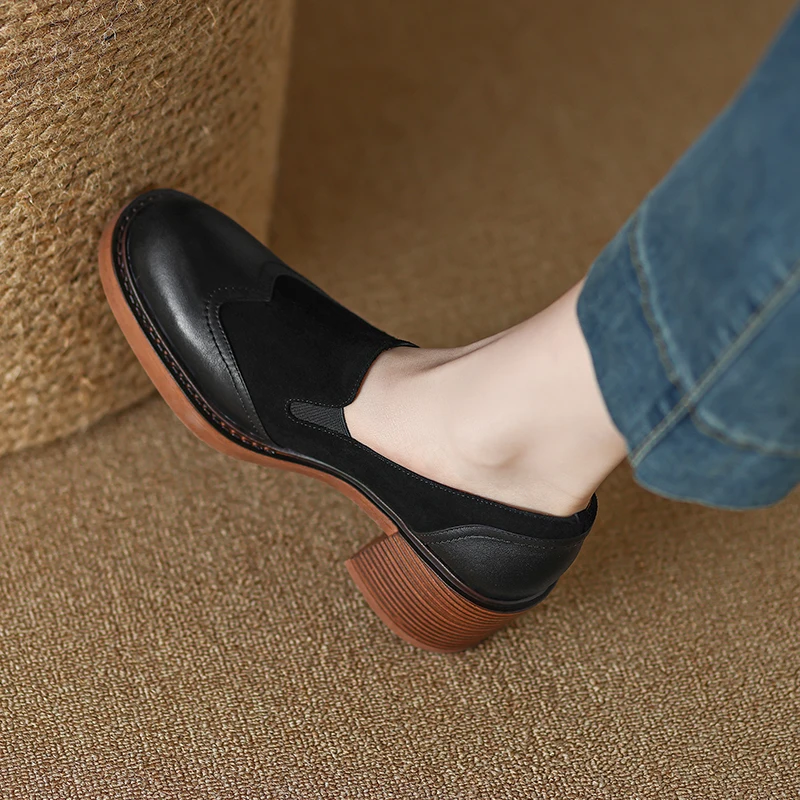 2024 Spring Women Shoes Round Toe Platform Shoes Genuine Leather Casual Thick Heel Women Pumps Handmade Shoes High Heel