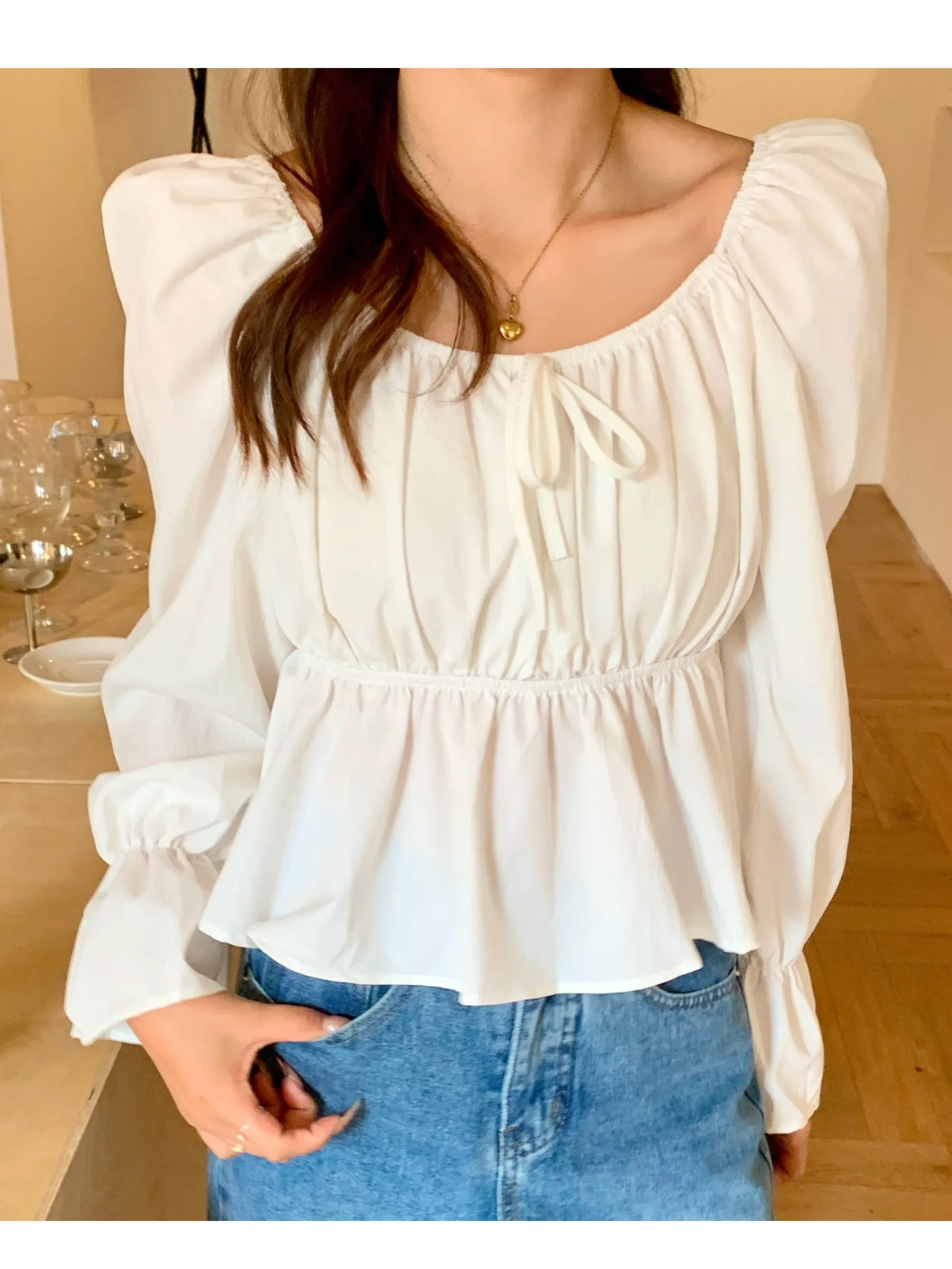 

Sweet Pleated Square Collar Long Sve irt Women's Sle Korean Version Floral Pure Color Spring Autumn New Arrival