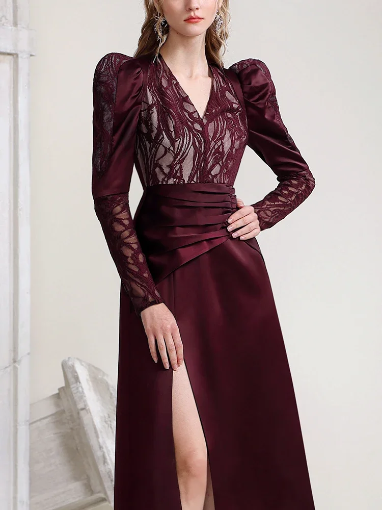 LEOSOXS Designer Celebrity Dress New Year Elegant Temperament Sexy V-Neck Long Sleeve Waist Red Lace Dress Autumn Commuter Dress