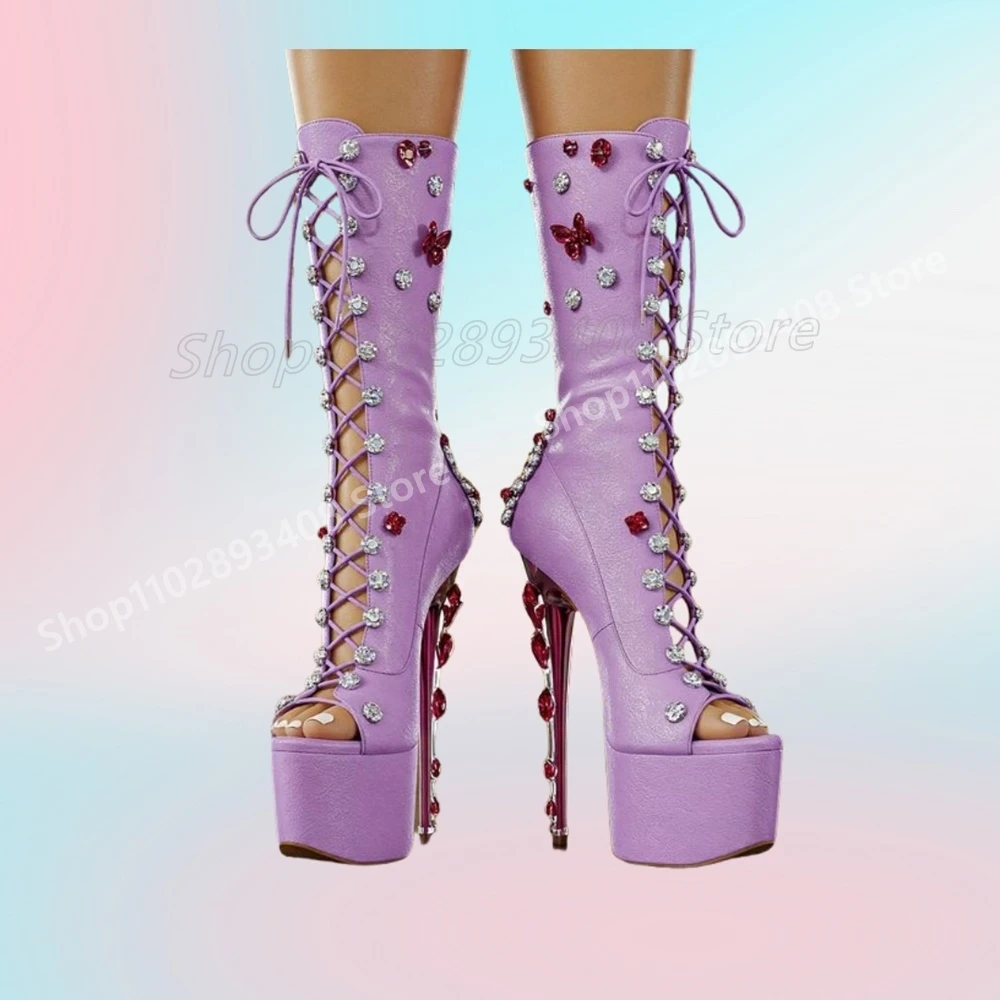 

Crystals Decor Cross Tied Mid Calf Boots Stiletto High Heel Solid Sweet Sexy Matte Leather 2025 Women Shoes Summer Para Mujere