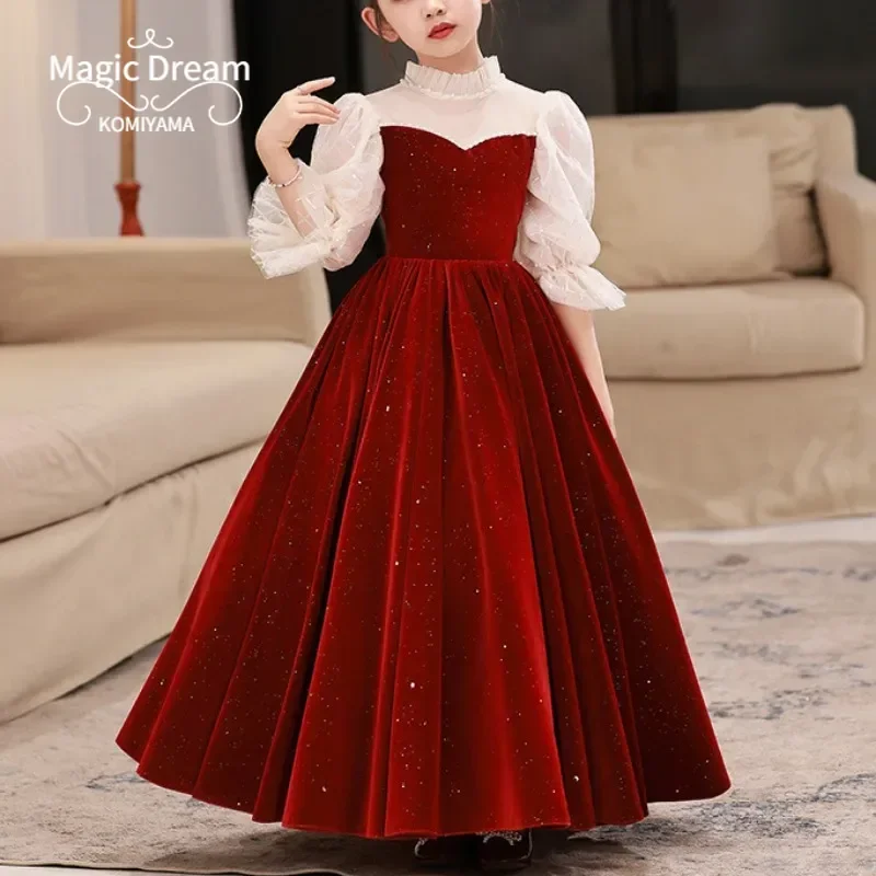 Customized Elegant Temperament Flower Girls Dress Spliced O-neck Full Sleeve Birthday Party Robe Slim Ball Gown Princess Sequin