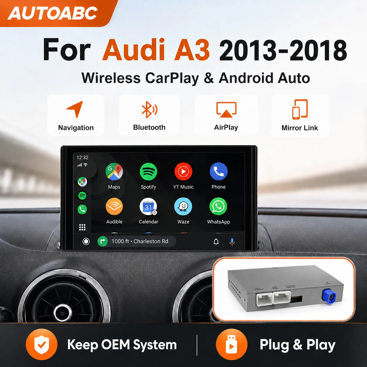 AUTOABC Wireless CarPlay Nachrüst-Kits für Audi A3 8v Q2 8P 2012-2018 MIB2 MIB System mit Android Auto Rückfahrkamera Airplay