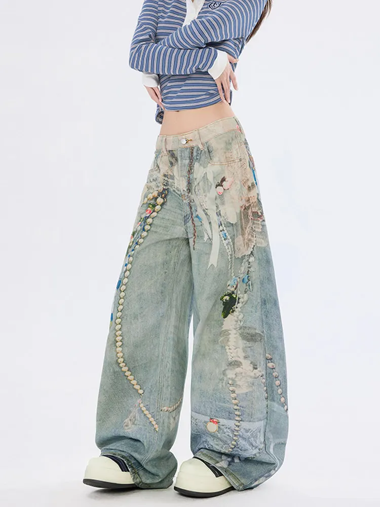 alt clothing Retro Lace Chain 3D Print Jeans for Women Vintage Washed Straight Leg Long Pants Streetwear Couple Unisex Clothing