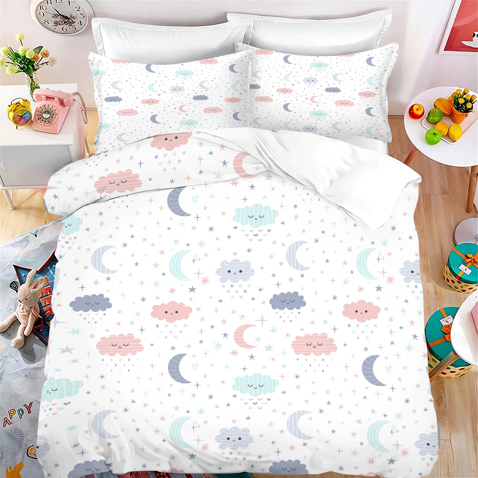Children Cartoon Duvet Cover Bow Rainbow Pattern Cute Polyester Soft Breathable Comforter Animation Bedding Set