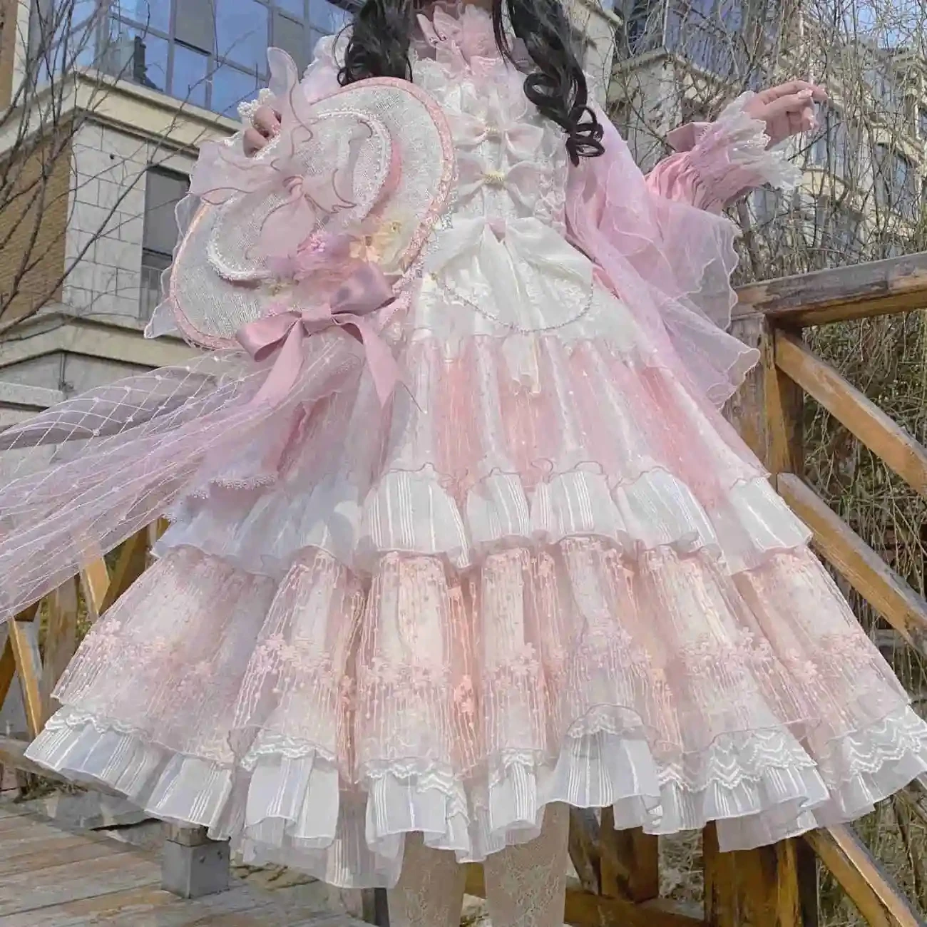 

Retro Court Style Cosplay Lolita Op Palace Cute Princess Long Sleeved Bow Floral Mesh Bow Flower Ribbon Lace Ruffled Dress