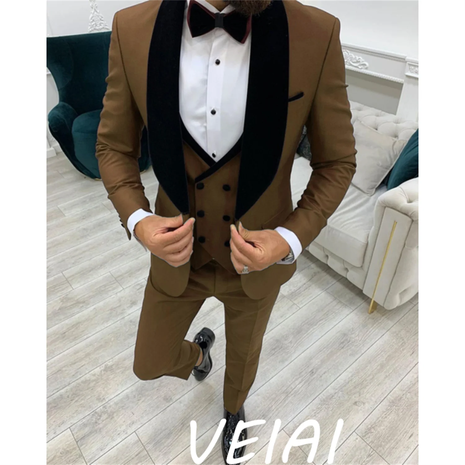

CustomizedFashion Green Business Men Suit 3 Pieces Male Dress Custom Groom Wedding Suit Tuxedo Black Velvet Lapel Blazer Vest Pa