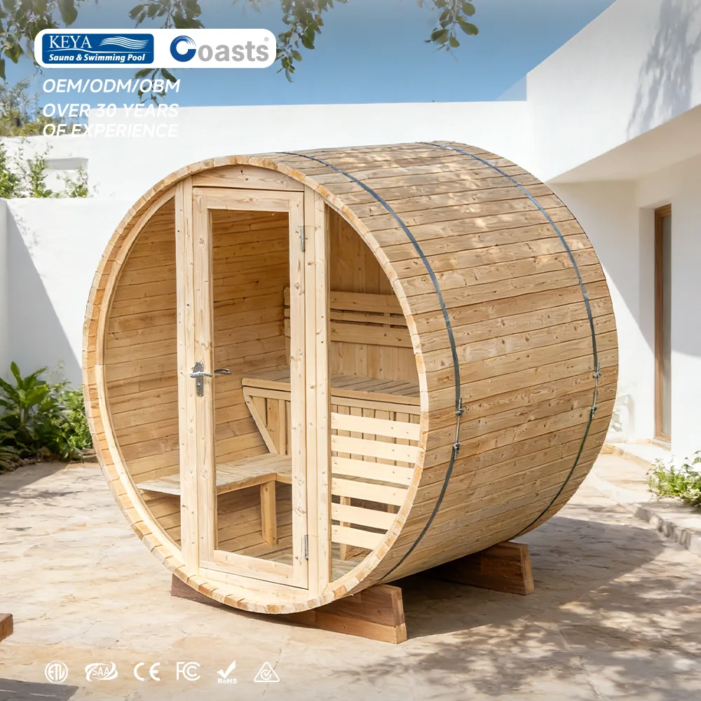 Luxury Panoramic Barrel Sauna Solid Wood Sauna Room Outdoor 2 Person Traditional Outdoor Barrel Sauna