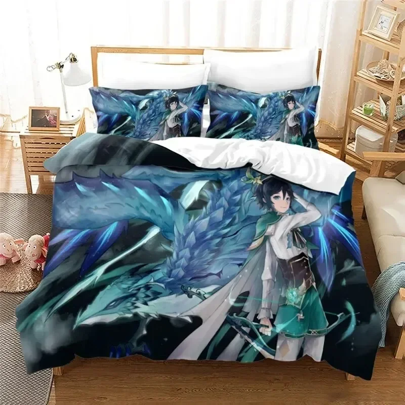 Anime Genshin Impact Paimon Bedding Set 3D Printed Suitable for Bedroom Duvet Cover Set With Pillowcases Kids Home Textile