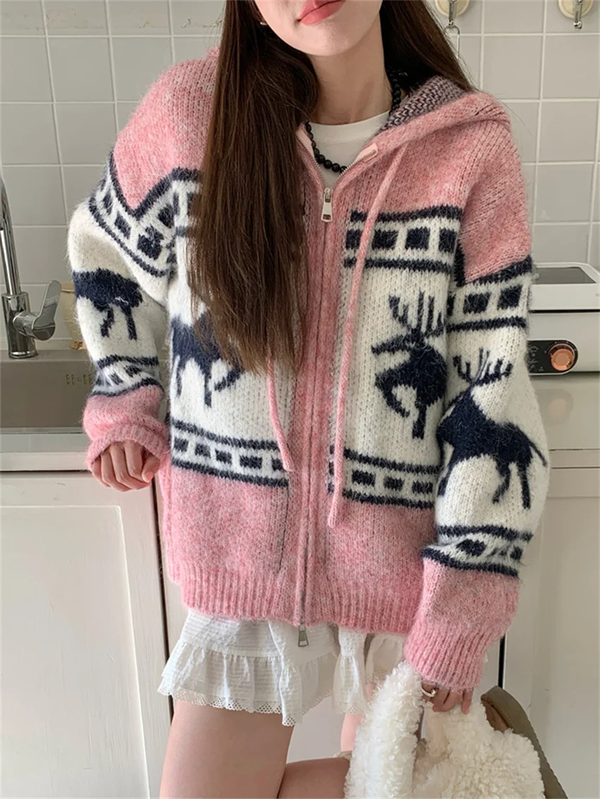 Alien Kitty Chic Oversize Coats Knitted Sweet Hooded Cardigans Spring Daily Loose 2025 All Match OL New Slim Casual Sweaters