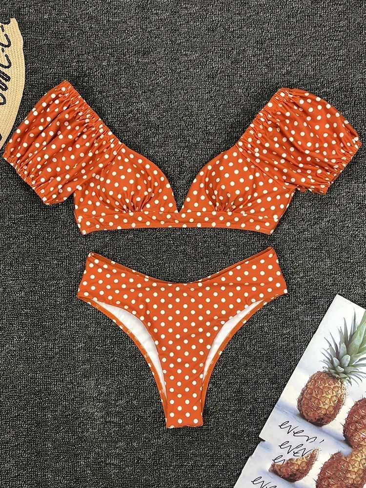 

Sexy V Neck Short Sleeve Bikinis Polka Dot Bikini Female Swimsuit Women Swimwear Two-pieces Bikini Set Bather Bathing Suit Swim