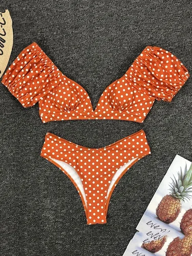 Bikinis sexis de manga corta con cuello en V, Bikini de lunares, traje de baño femenino, traje de baño para mujer, conjunto de Bikini de dos piezas, bañador, traje de baño para nadar