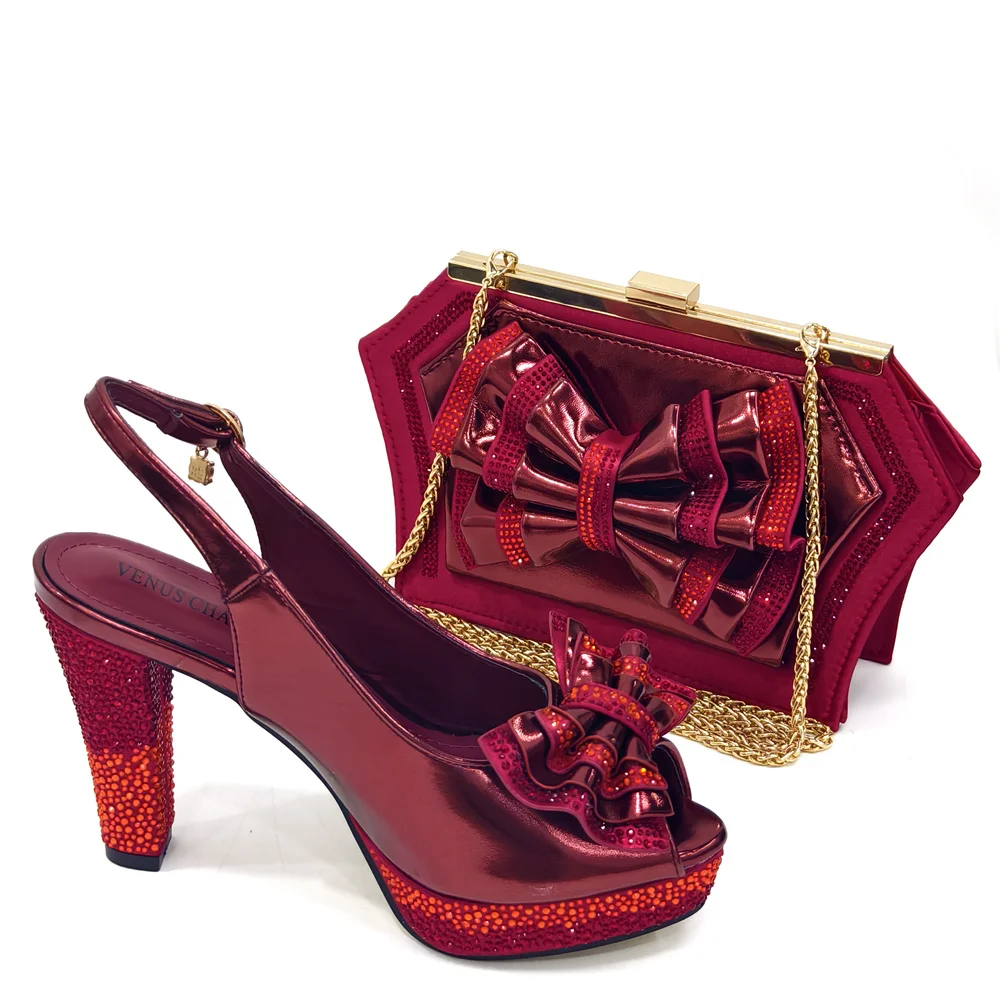 

New Wine Glitter Open Toed Shoes High Heels With A Variety Of Shapes Of Rhinestones Fashion Party Ladies Shoes And Bag