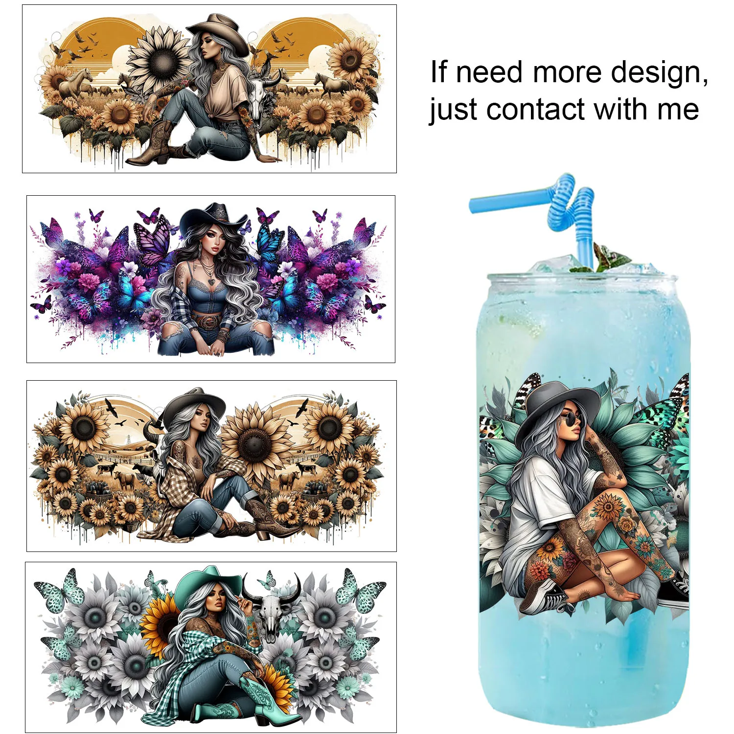 

Tattoo Cowboy Girl easy peel waterproof Party DIY Decals 3D transfers uvdtf tumbler seal stickers 16oz uv dtf cup wraps