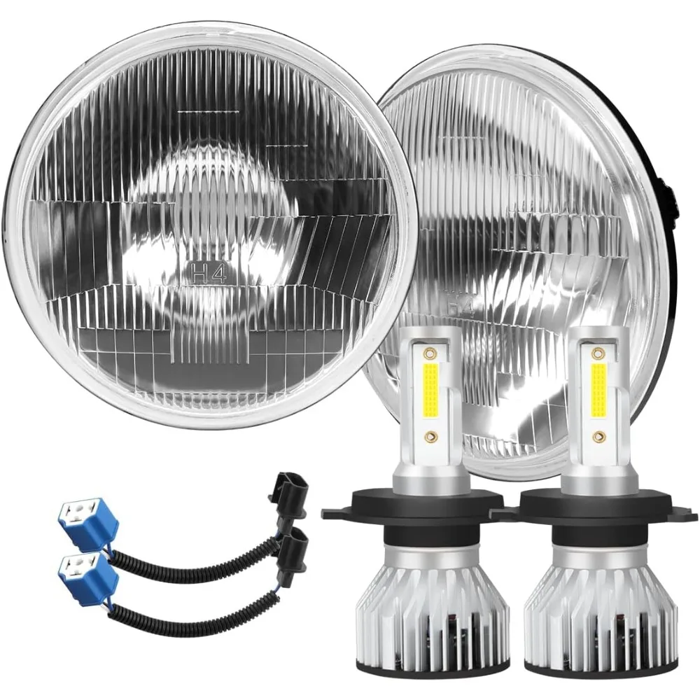 

H4/9003 LED Headlight Bulbs + 7 Inch H6024 Glass Round LED Headlight Housing,Halogen Sealed High Low Dual Beam,Original Classic