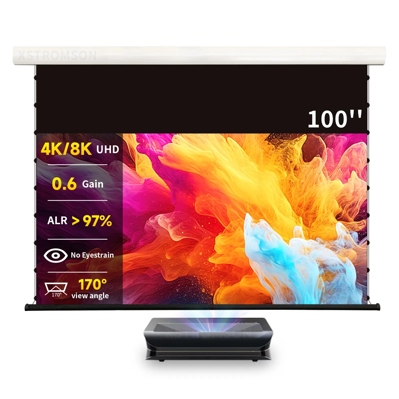 TOP Upgraded 4K/8K 100 inch Ceiling Electric ALR Projector Screen Tab-Tensioned Pull Down Motorized Ceiling Projection Screen