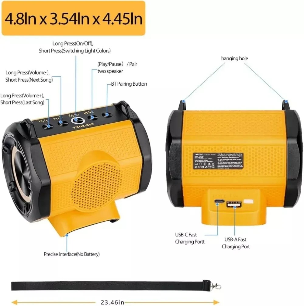 Portable Speaker With USB Type-C Port Bluetooth-compatible Player Loudspeaker Amplifier for Dewalt 18V 20V Li-ion Battery