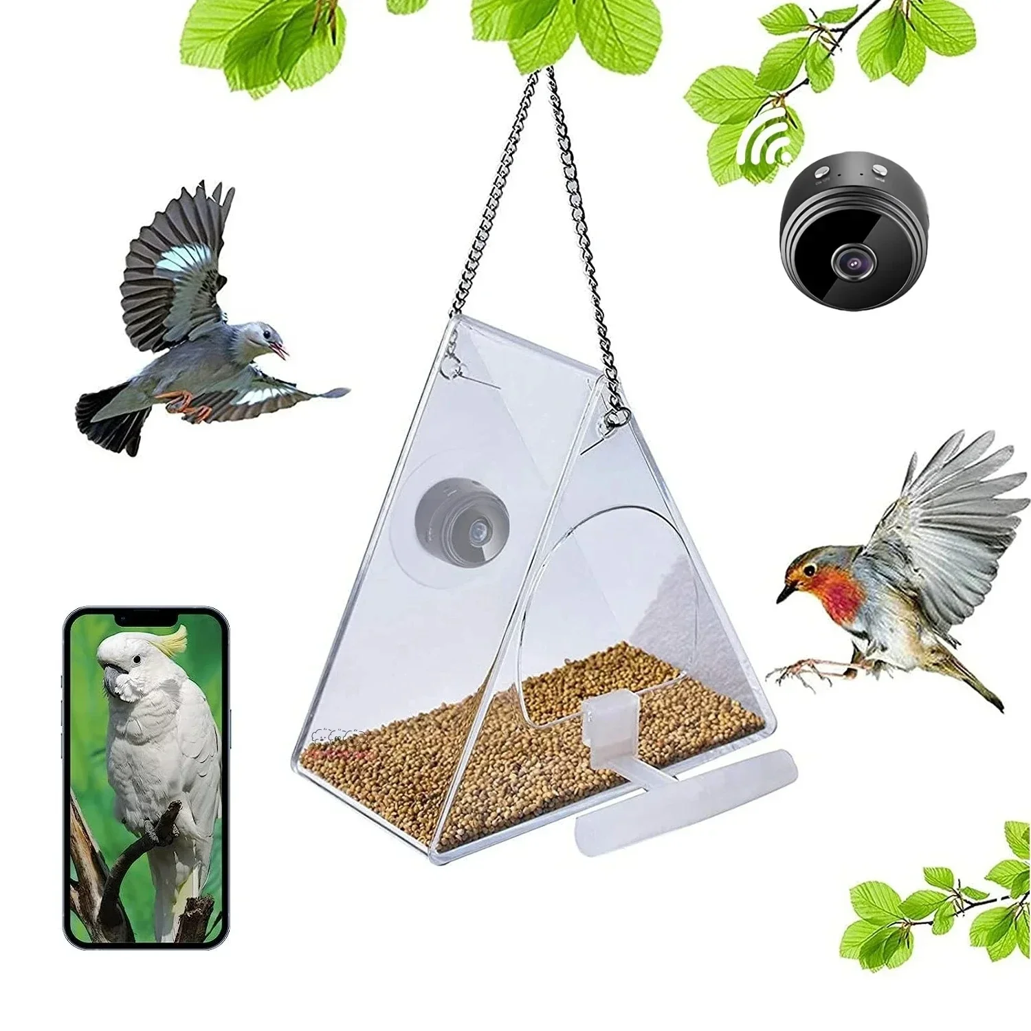 Bird Feeder with Camera, Acrylic Hanging Smart Bird Feeder House with 1080p Video Camera WiFi Remote Wireless Outdoor Bird Watch