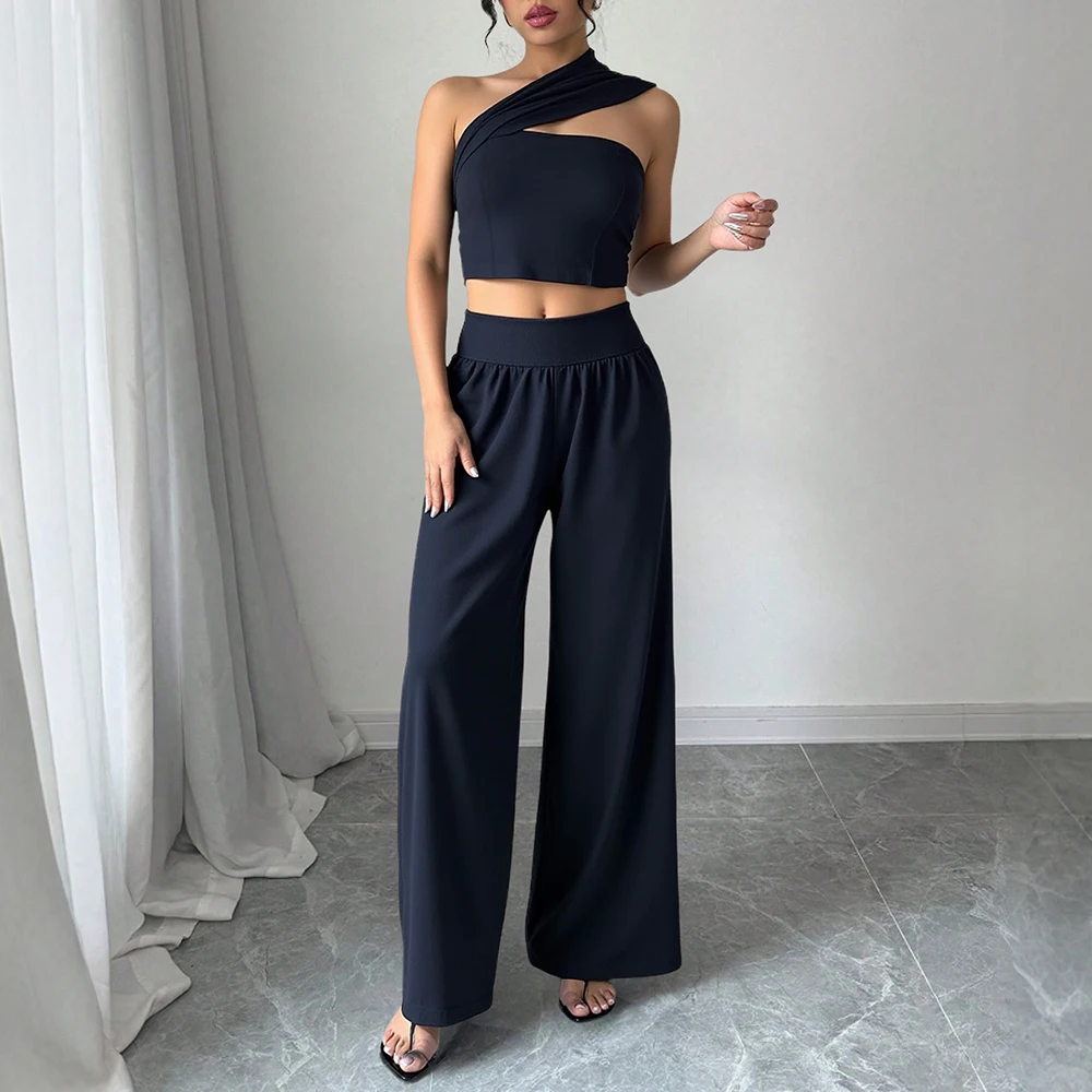 Mia Muse Boutique مجموعات كورية مثيرة عادي بلا أكمام واحدة الكتف الدبابات كامل طول عالية الخصر واسعة الساق مجموعات غير رسمية للنساء