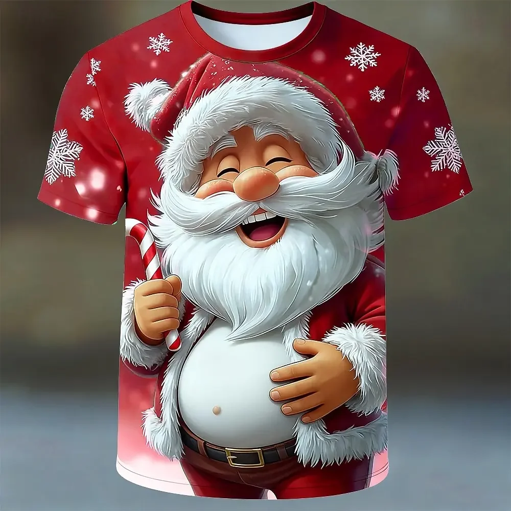 New Men's 3D Cartoon Santa Claus Graphic T-Shirt Snowflake Print Short Sleeve Crew Neck Tee Christmas Holiday Party Tops for Men